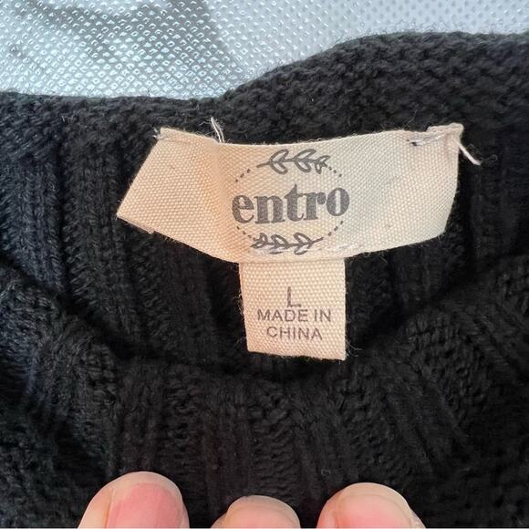 Entro Chunky Cable Knit Puff Ruffle Sleeve Square Neck Sweater Top Black Large - Picture 8 of 11